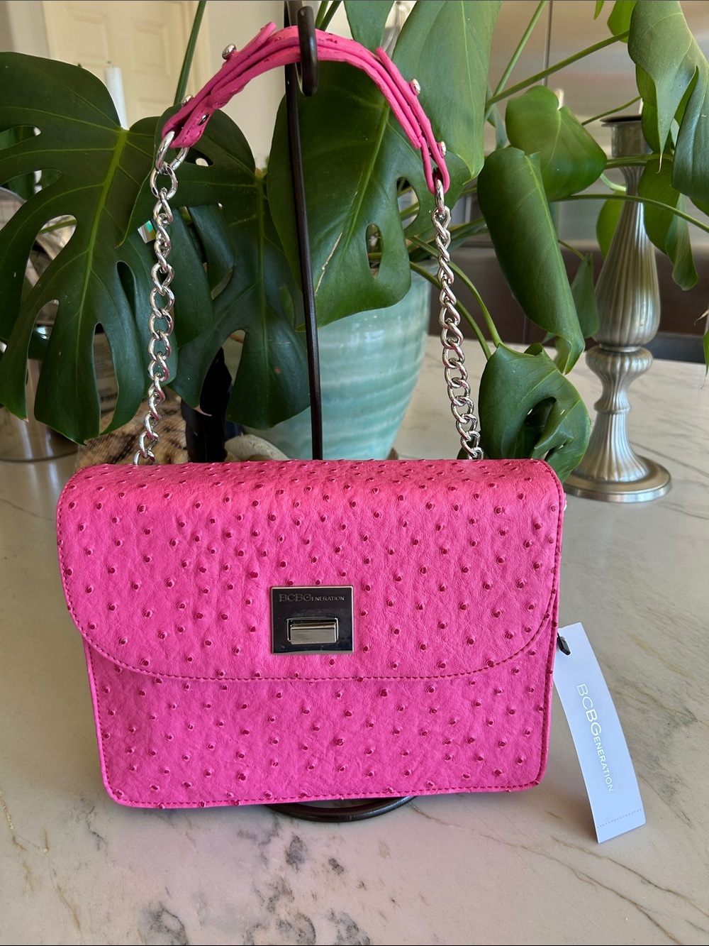 BCBGeneration Hot Pink Ostrich-Texture Chain Shoulder Bag